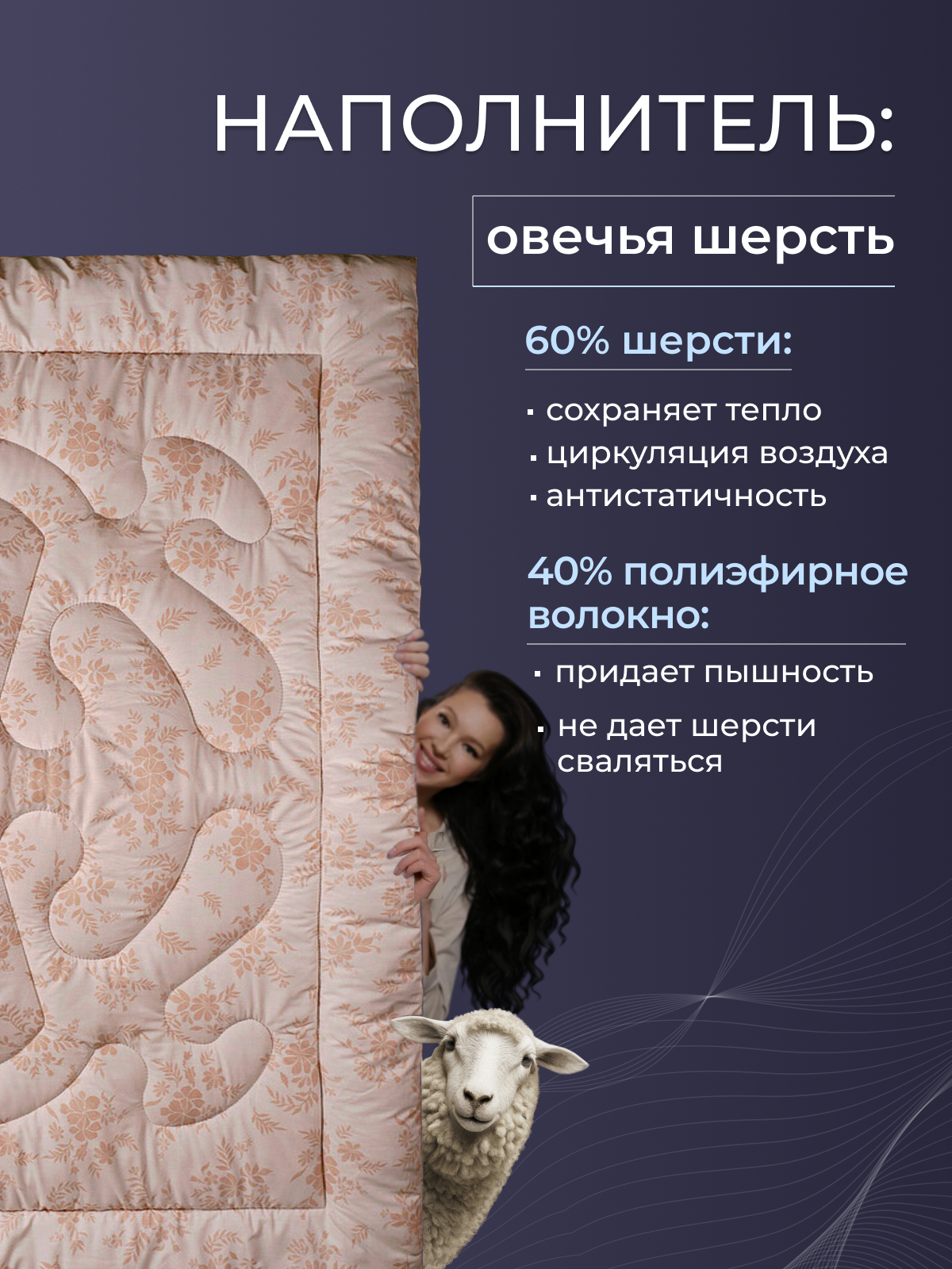 Одеяло овечья шерсть  тк поплин Реноме