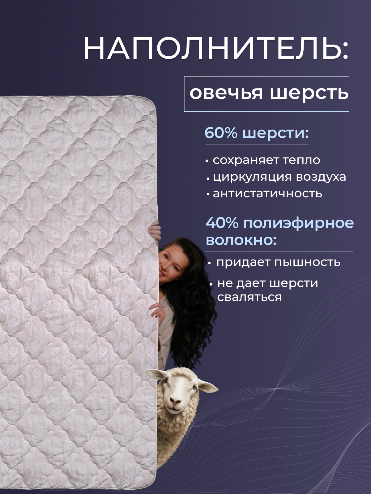 Одеяло овечья шерсть  тк поплин Реноме