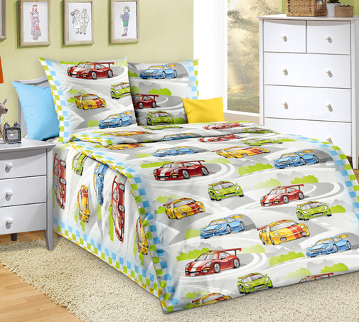 Покрывало детское стеганое поплин Текс-Дизайн, Гонки-1, голубой