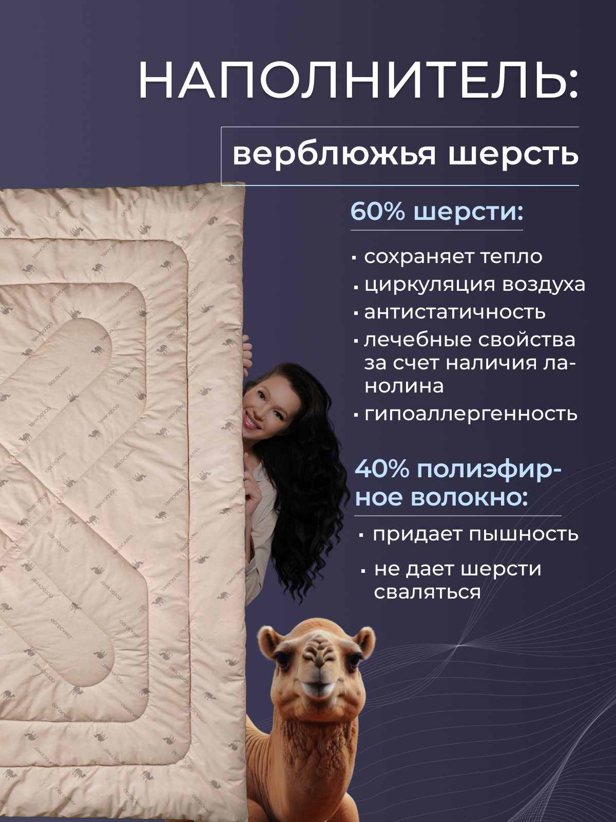 Одеяло верблюжья шерсть  тик  Реноме